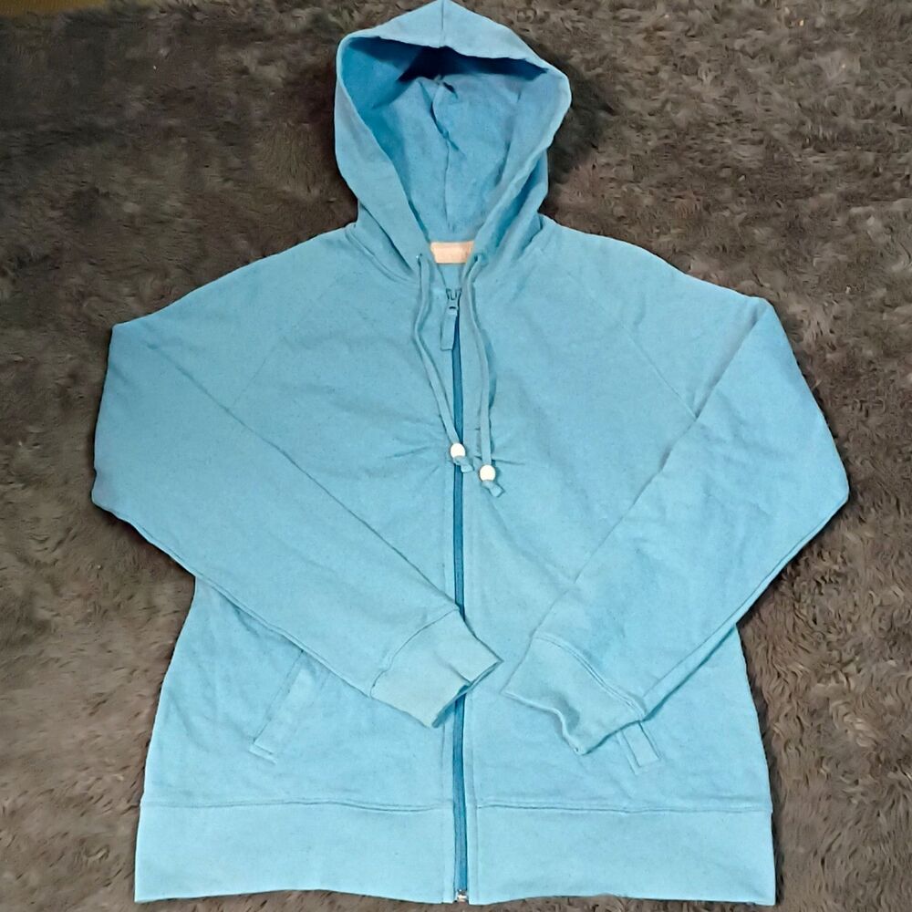 Personal Identity Women's Blue Solid Cotton Full Zip Hooded Hoodie Pockets L